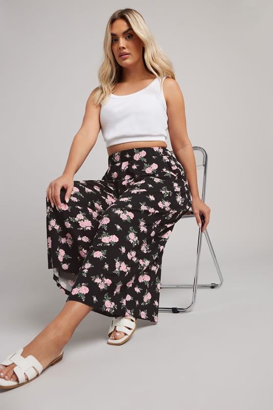 Evans YOURS Curve Black & Pink Floral Print Midaxi Culottes