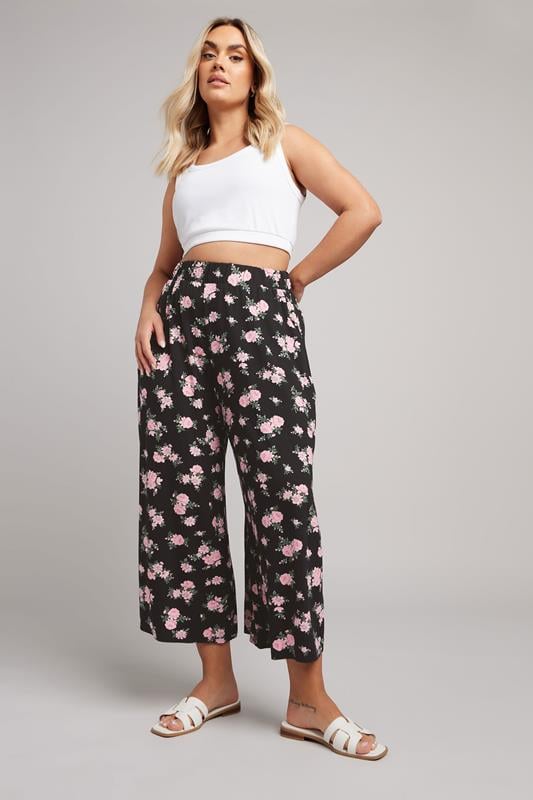 evans YOURS Curve Black & Pink Floral Print Midaxi Culottes