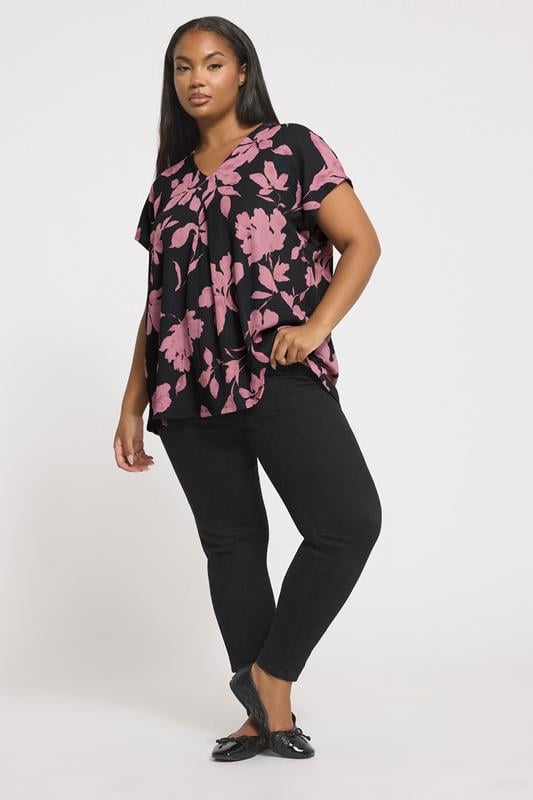 Evans YOURS Curve Black & Pink Floral Textured Pleat Front Top