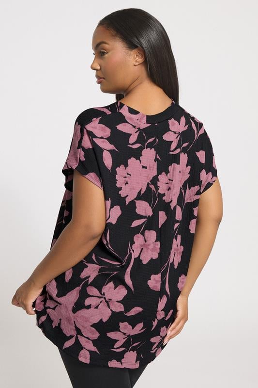 Evans YOURS Curve Black & Pink Floral Textured Pleat Front Top