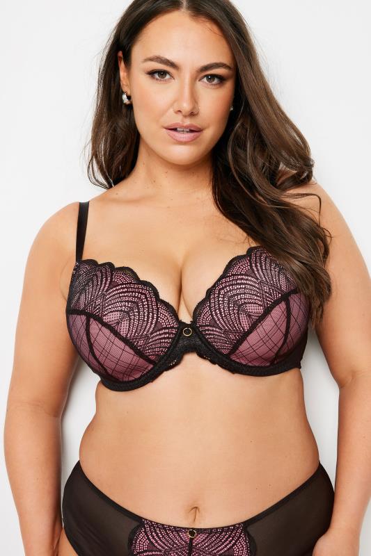 Evans YOURS Curve Black & Pink Lace Detail Mesh Padded Bra