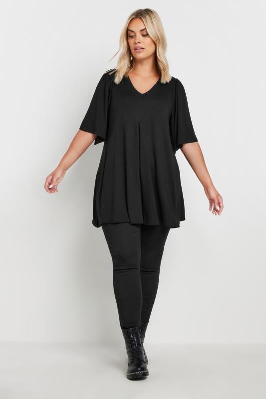Evans YOURS Curve Black Pleat Angel Sleeve Swing Top