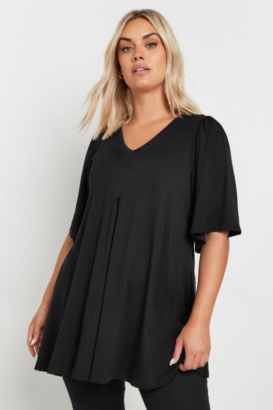 evans YOURS Curve Black Pleat Angel Sleeve Swing Top
