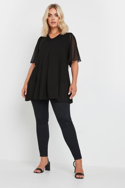 Evans YOURS Curve Black Pleat Front Angel Sleeve Top