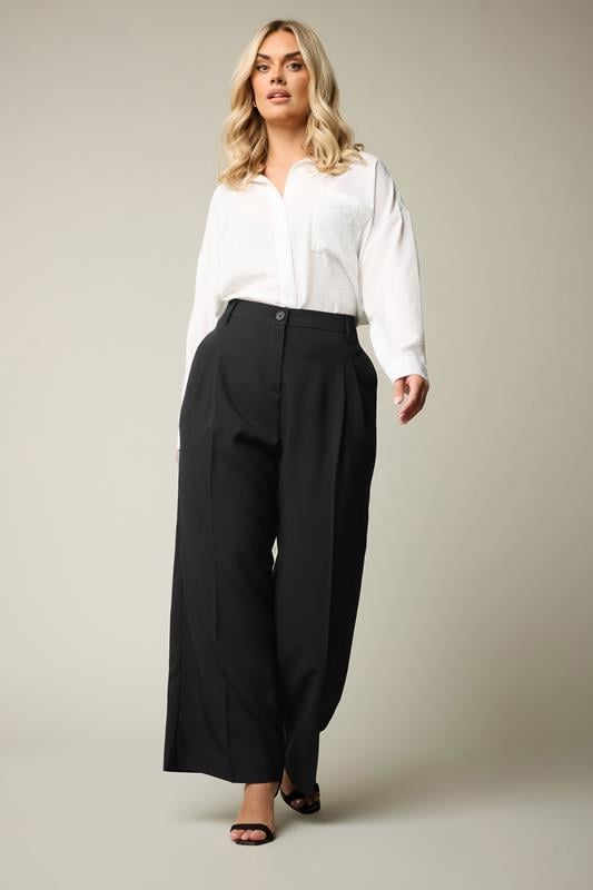 Evans YOURS Curve Black Pleat Front Woven Wide Leg Trousers