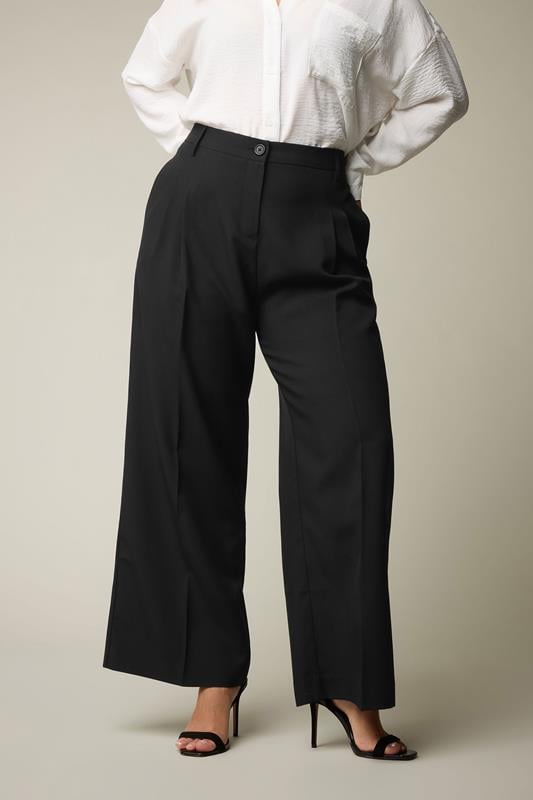 evans YOURS Curve Black Pleat Front Woven Wide Leg Trousers