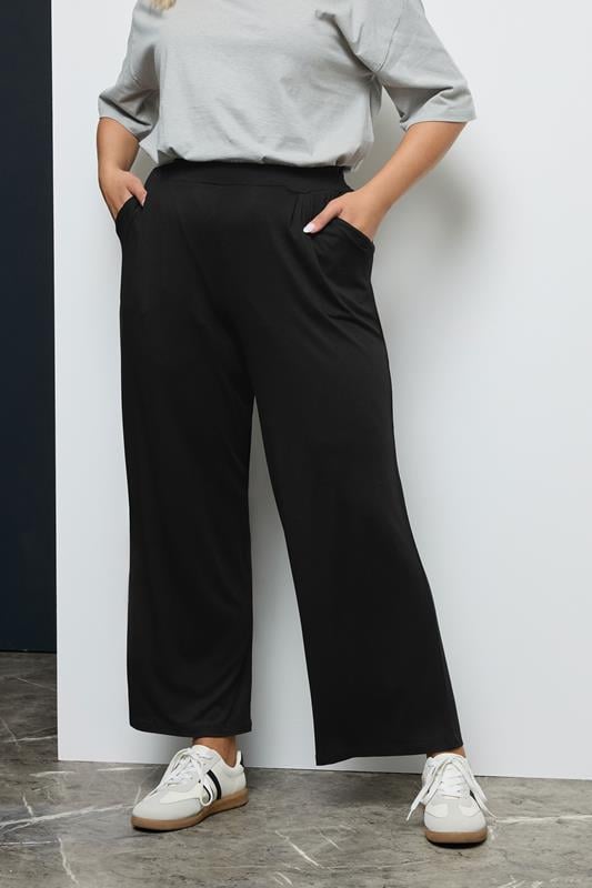 evans YOURS Curve Black Pleated Wide Leg Stretch Trousers