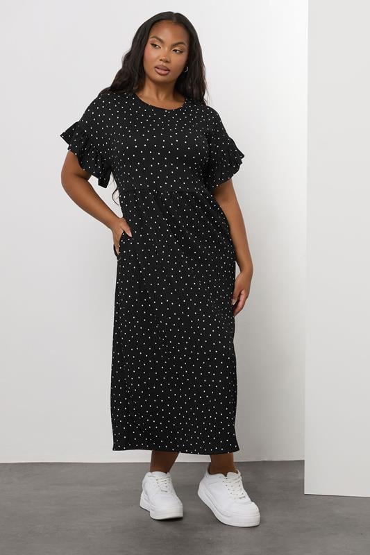 Evans YOURS Curve Black Polka Dot Frill Sleeve Midaxi Dress