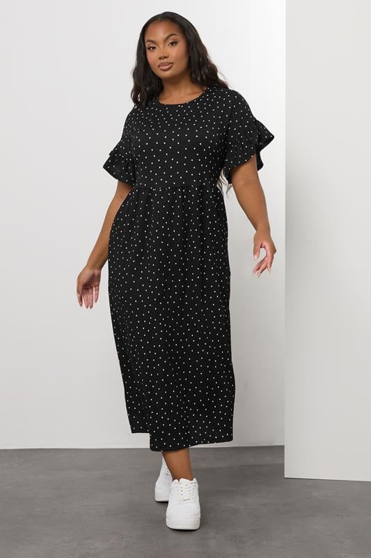 evans YOURS Curve Black Polka Dot Frill Sleeve Midaxi Dress