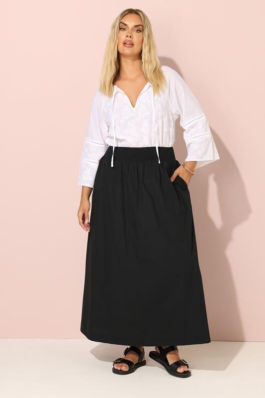Evans YOURS Curve Black Poplin Shirred Waist Maxi Skirt