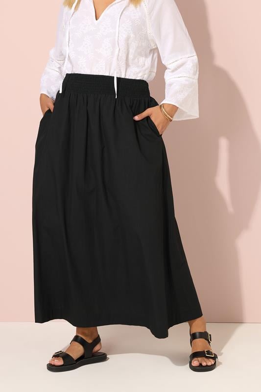 evans YOURS Curve Black Poplin Shirred Waist Maxi Skirt