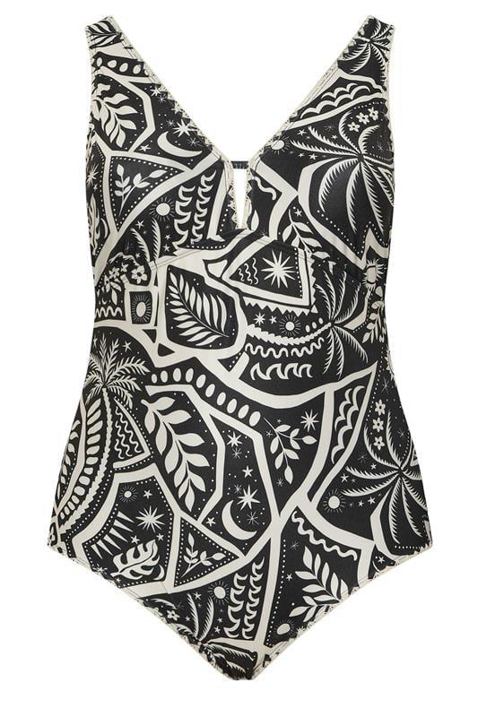evans YOURS Curve Black Postcard Blanket Stitch Plunge Swimsuit