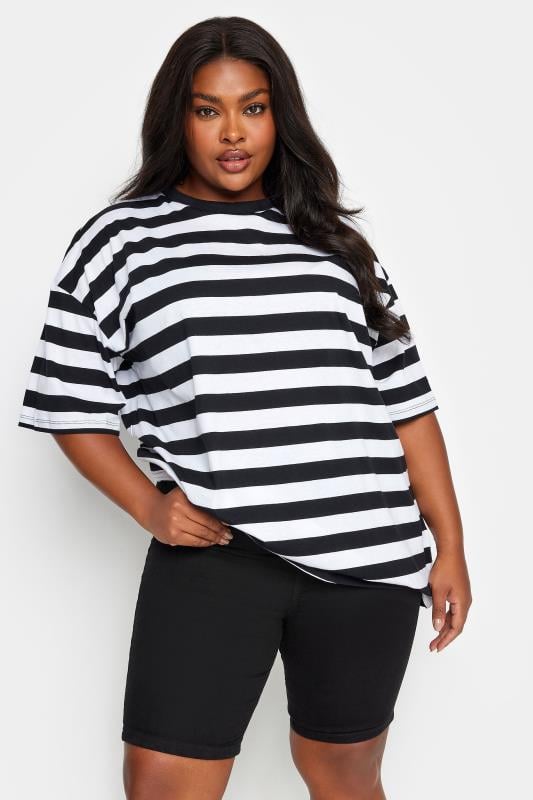 evans YOURS Curve Black Pull On Stretch Denim Cycling Shorts