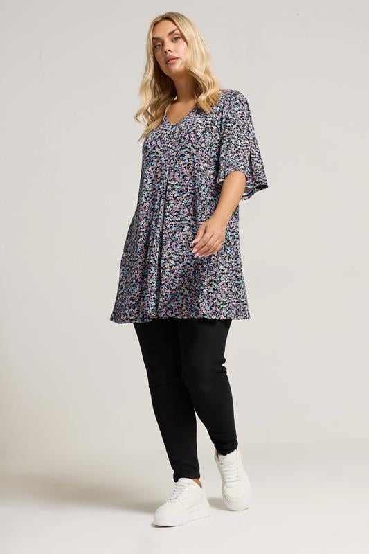 Evans YOURS Curve Black & Purple Floral Print Pleat Front Top