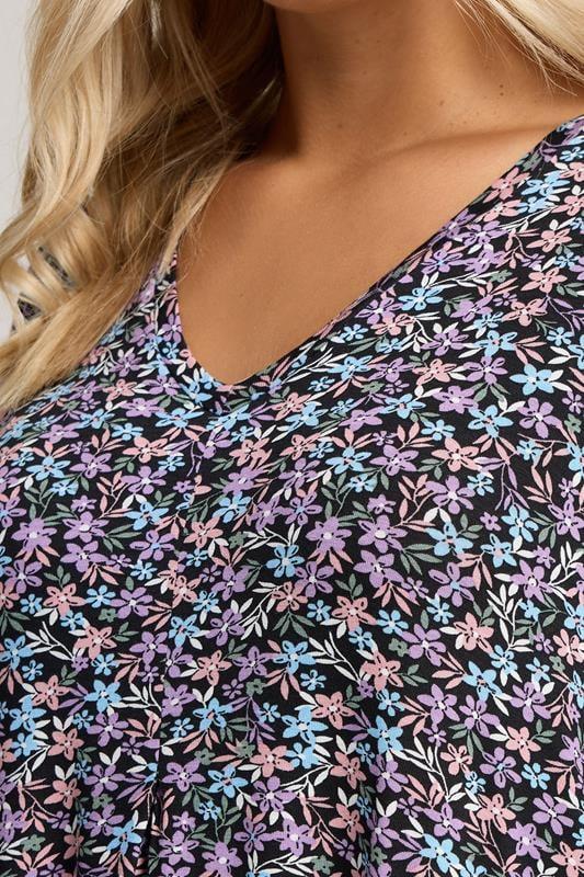 Evans YOURS Curve Black & Purple Floral Print Pleat Front Top