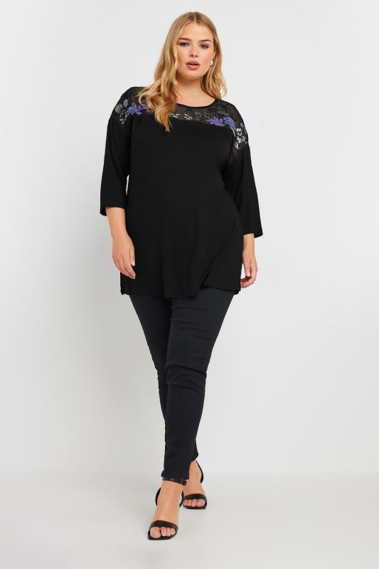 Evans YOURS Curve Black & Purple Mesh Embellished Swing Top