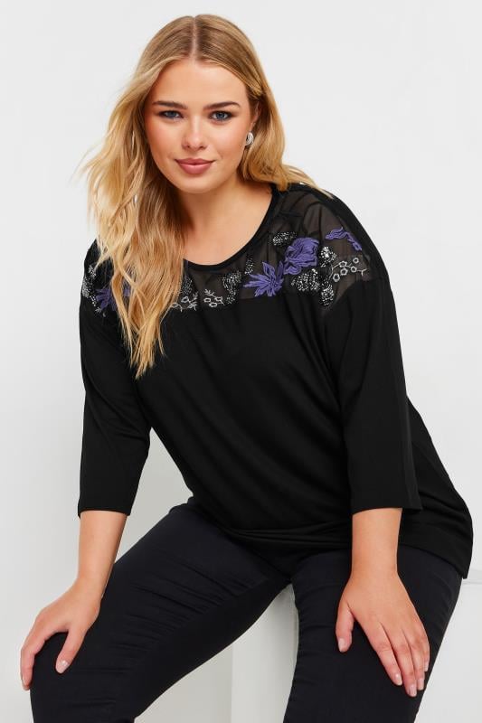 evans YOURS Curve Black & Purple Mesh Embellished Swing Top