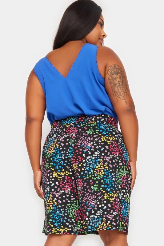 Evans YOURS Curve Black Rainbow Ditsy Floral Print Jersey Shorts