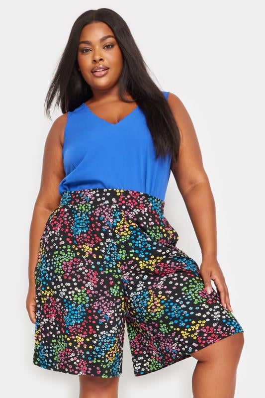evans YOURS Curve Black Rainbow Ditsy Floral Print Jersey Shorts
