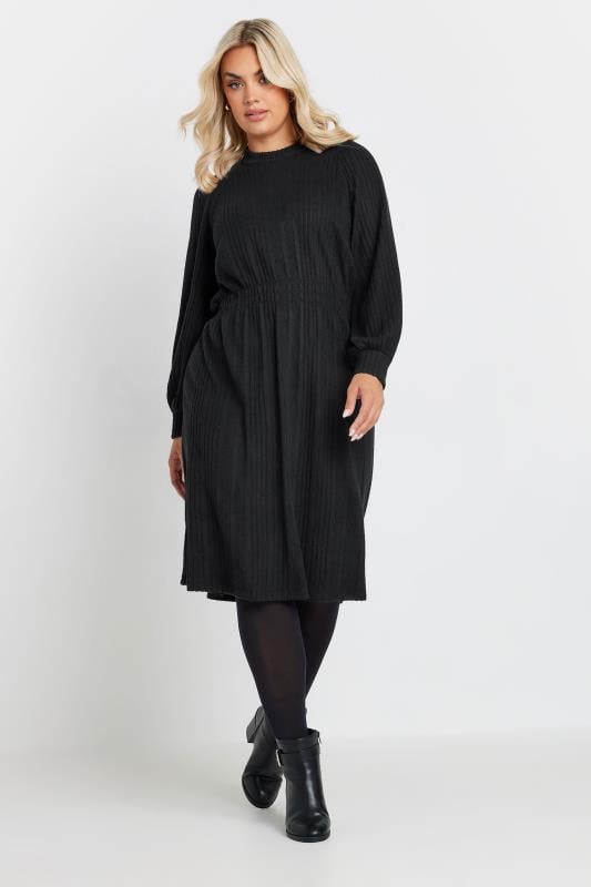 evans YOURS Curve Black Ribbed High Neck Midi Dress