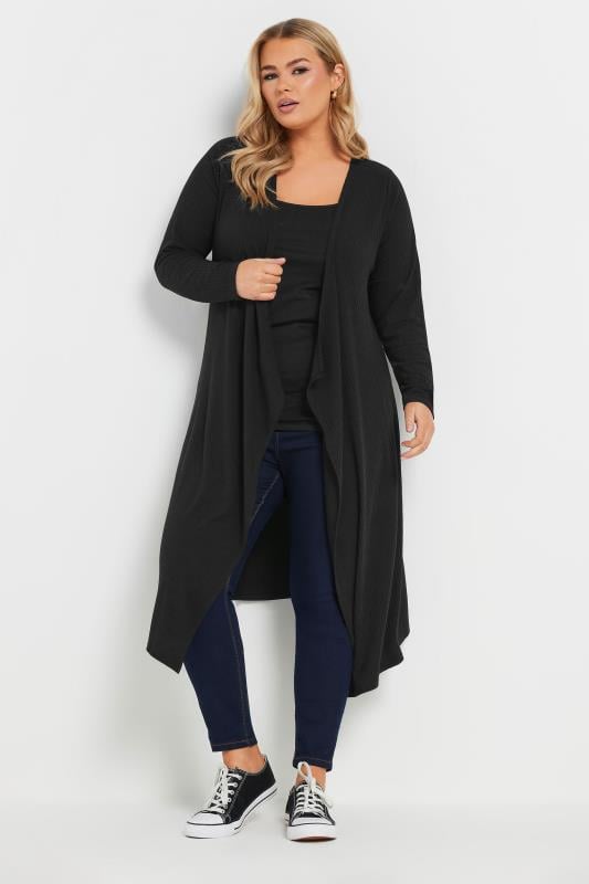Evans YOURS Curve Black Ribbed Midaxi Waterfall Cardigan