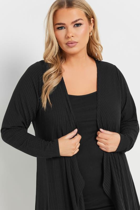 Evans YOURS Curve Black Ribbed Midaxi Waterfall Cardigan