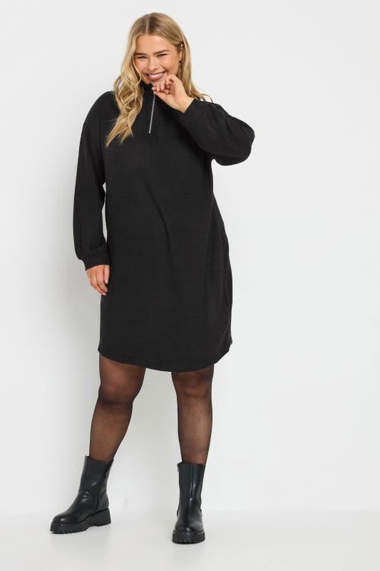 Evans YOURS Curve Black Ribbed Quarter Zip Jumper Dress