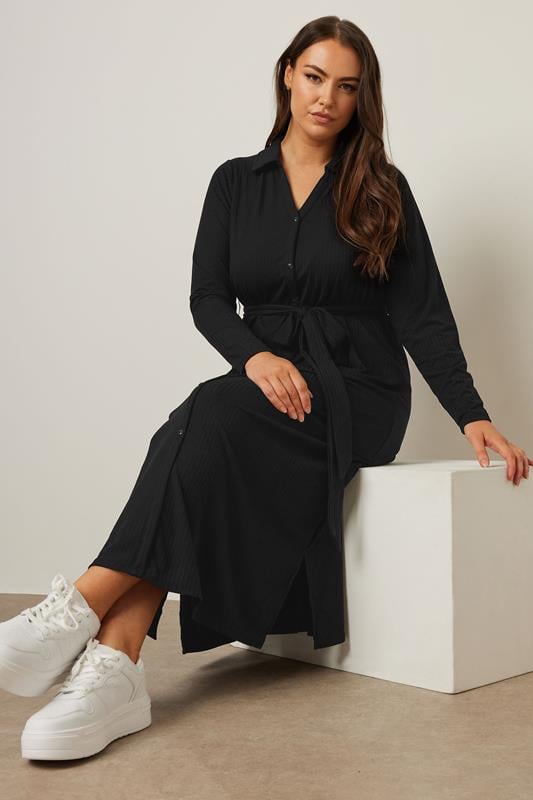 Evans YOURS Curve Black Ribbed Tie Waist Shirt Dress