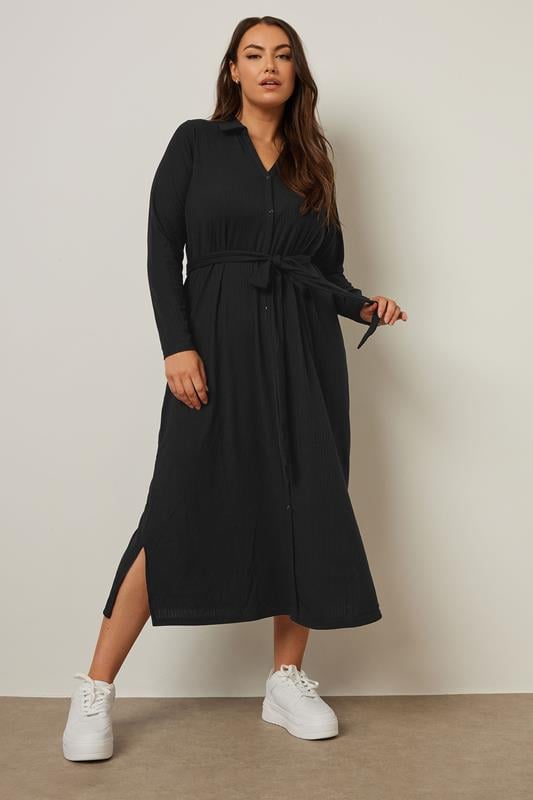 Evans YOURS Curve Black Ribbed Tie Waist Shirt Dress