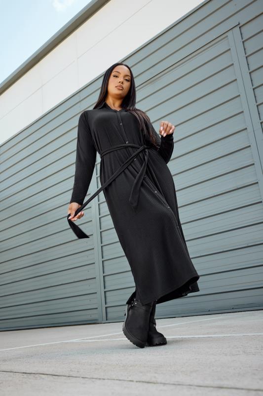evans YOURS Curve Black Ribbed Tie Waist Shirt Dress