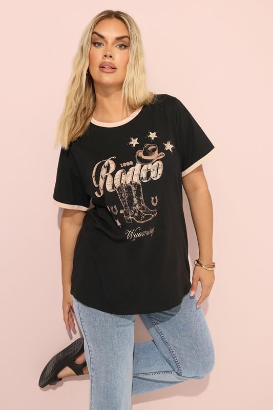 Evans YOURS Curve Black 'Rodeo' Slogan Ringer T-Shirt