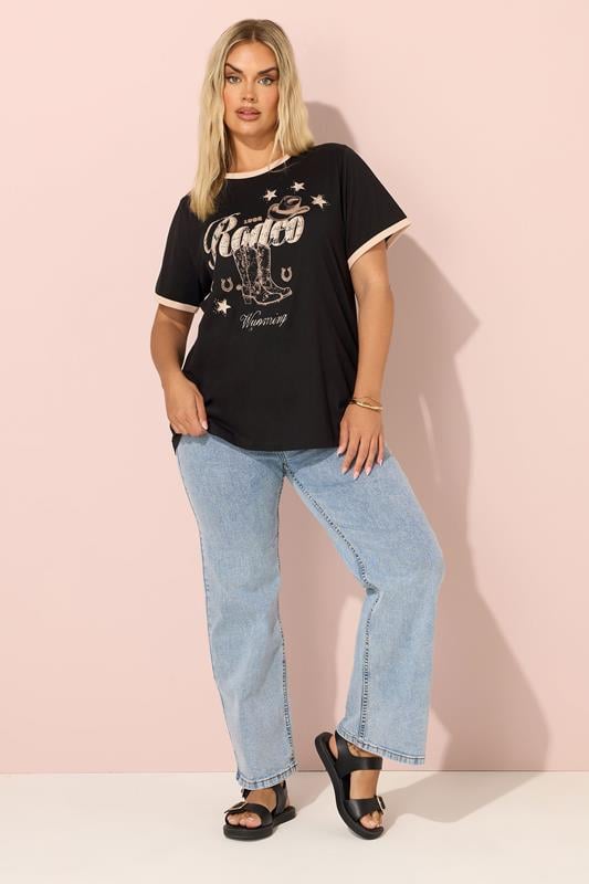 Evans YOURS Curve Black 'Rodeo' Slogan Ringer T-Shirt