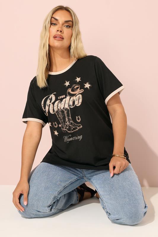 evans YOURS Curve Black 'Rodeo' Slogan Ringer T-Shirt