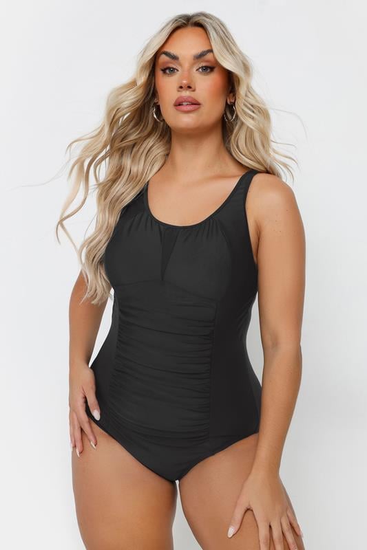 Evans YOURS Curve Black Ruched Mesh Tummy Control Swimsuit