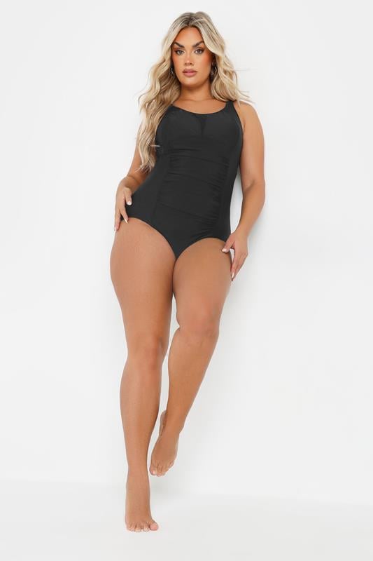 Evans YOURS Curve Black Ruched Mesh Tummy Control Swimsuit