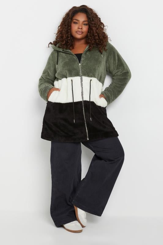 Evans YOURS Curve Black & Sage Green Colour Block Fleece Jacket