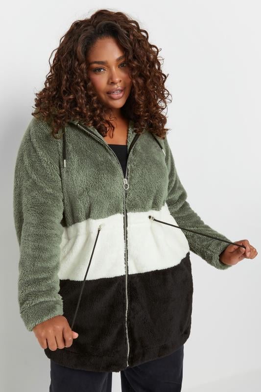 evans YOURS Curve Black & Sage Green Colour Block Fleece Jacket