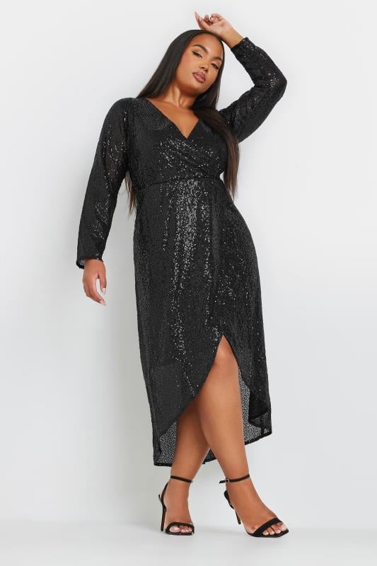 evans YOURS Curve Black Sequin Embellished Wrap Dress