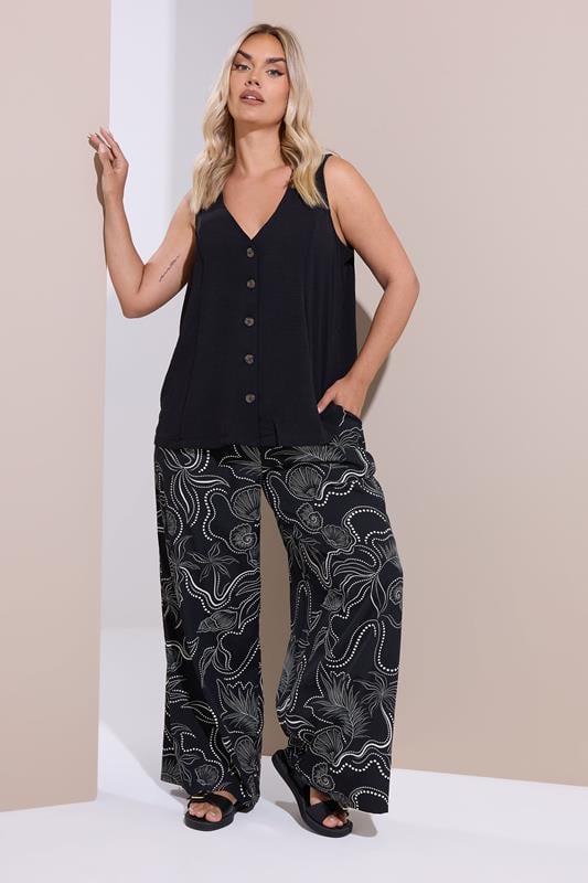 Evans YOURS Curve Black Shell Print Wide Leg Trousers