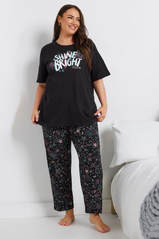 Evans YOURS Curve Black 'Shine Bright' Wide Leg Pyjama Set