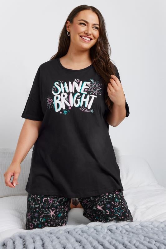 Evans YOURS Curve Black 'Shine Bright' Wide Leg Pyjama Set
