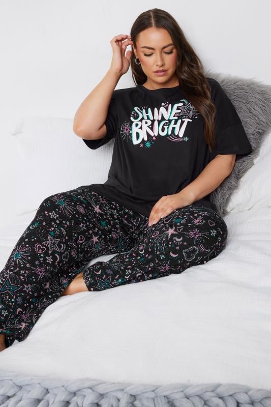 evans YOURS Curve Black 'Shine Bright' Wide Leg Pyjama Set