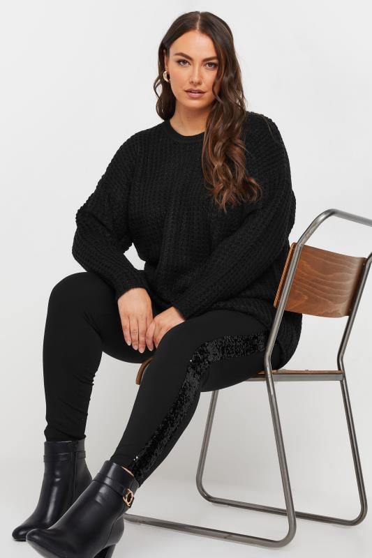 Evans YOURS Curve Black Side Stripe Sequin Leggings