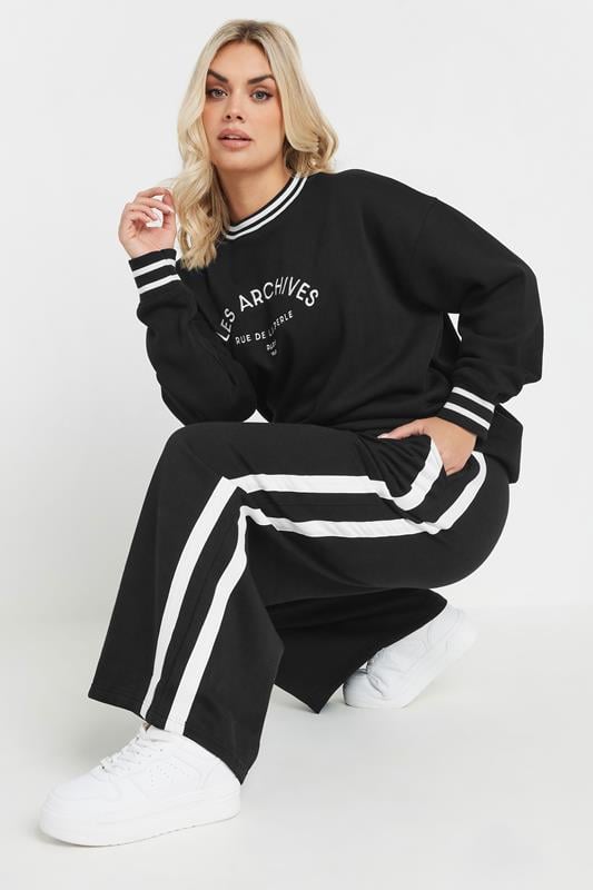 Evans YOURS Curve Black Side Stripe Wide Leg Joggers