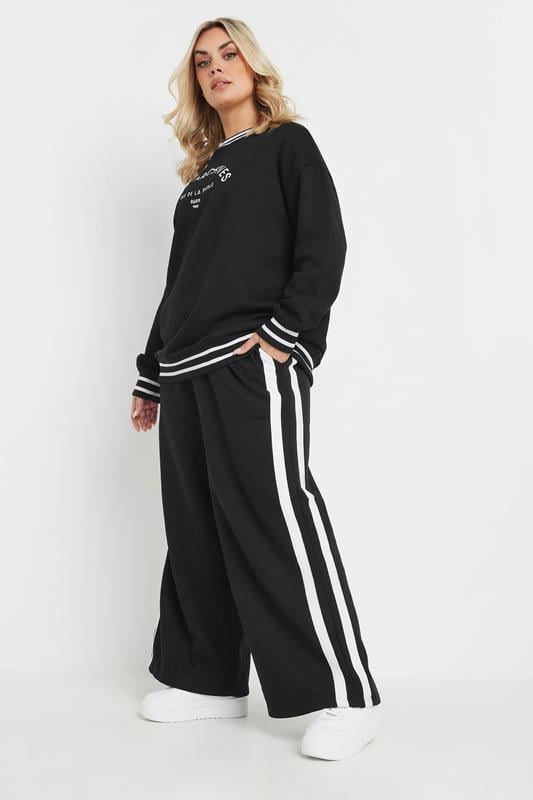 Evans YOURS Curve Black Side Stripe Wide Leg Joggers