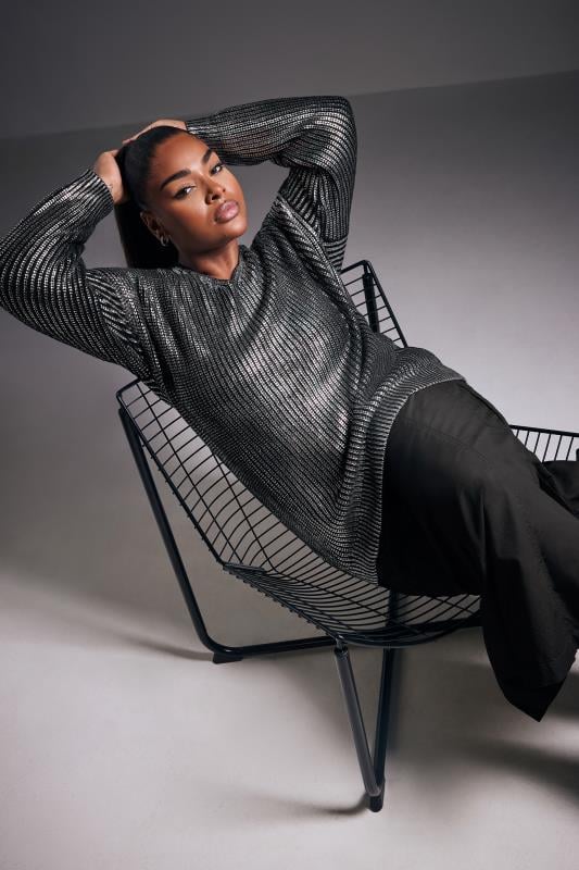 evans YOURS Curve Black & Silver Metallic Knitted Jumper