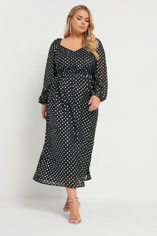 Evans YOURS Curve Black Silver Spot Chiffon Maxi Dress