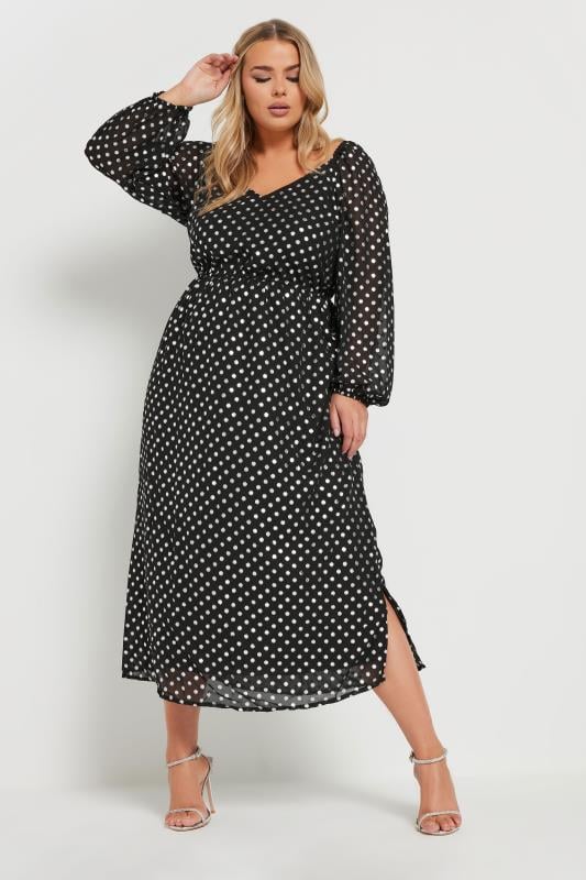 evans YOURS Curve Black Silver Spot Chiffon Maxi Dress