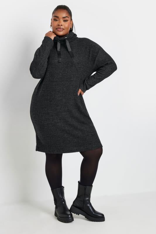 evans YOURS Curve Black Soft Touch Drawstring Hoodie Dress