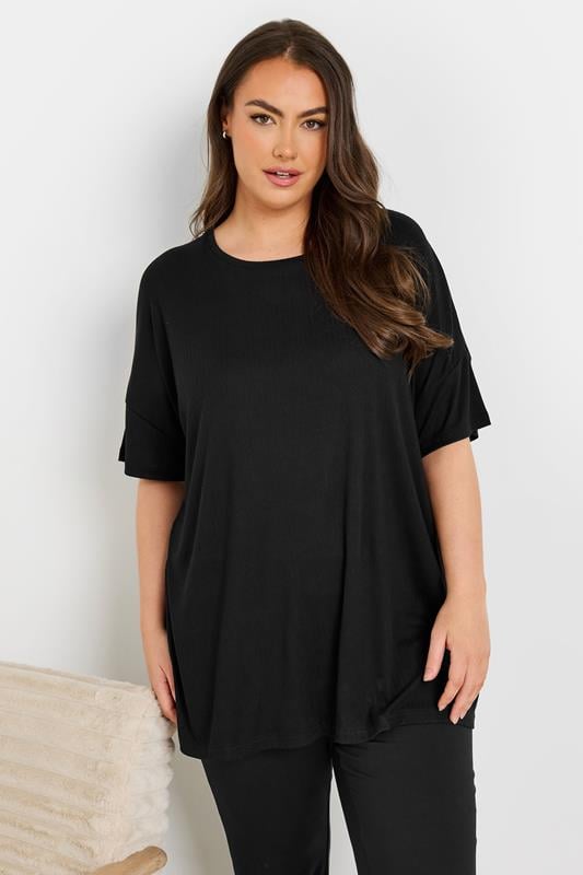 evans YOURS Curve Black Soft Touch Ribbed Pyjama Top